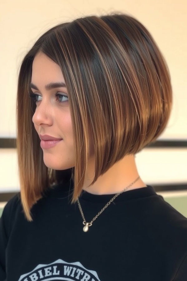 35 Angled Bob Haircuts For A Modern Look : Classic Angled Bob with Chestnut Highlights