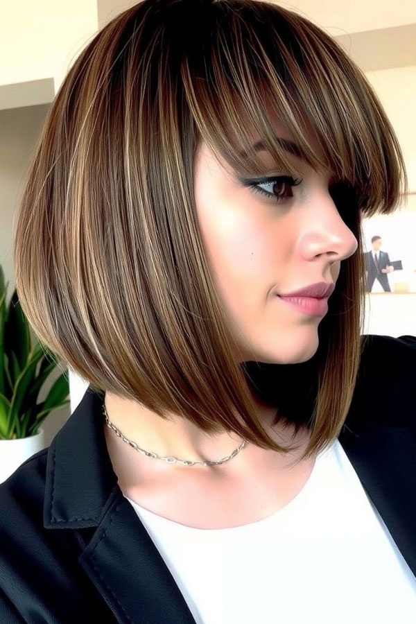 35 Angled Bob Haircuts For A Modern Look : Classic Angled Bob with Soft Bangs and Warm Highlights