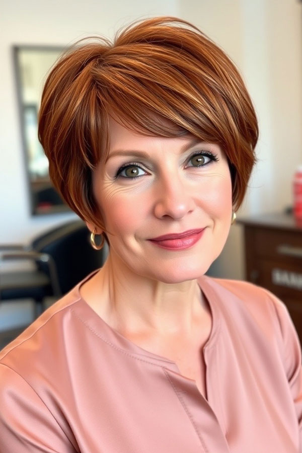 Classic Auburn Pixie Bob, pixie hair cut for women over 50, pixie hair colour for women over 50