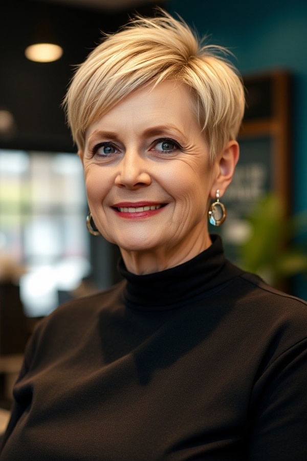 Classic Blonde Pixie, pixie hair cut for women over 50, pixie hair colour for women over 50