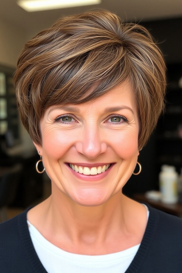 Classic Caramel Pixie, pixie hair cut for women over 50, pixie hair colour for women over 50