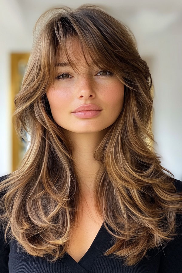 50 Layered Haircuts with Fringe For Long Hair : Classic Layers with Sunlit Highlights