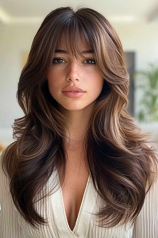 50 Layered Haircuts with Fringe For Long Hair : Classic Layers with Wispy Bangs