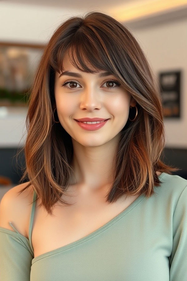 50 Chic Shoulder-Length Haircuts with Bangs : Classic Medium-Length Layers with Side Bangs