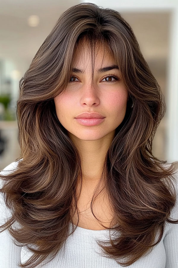 50 Layered Haircuts with Fringe For Long Hair : Classic Voluminous Layers with Curtain Bangs