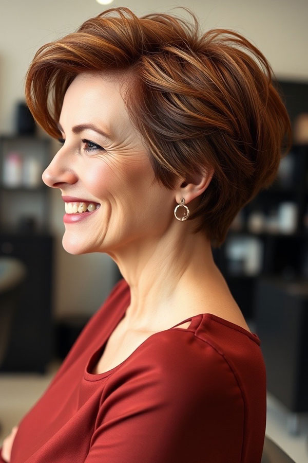 Copper Pixie with Soft Layers, pixie hair cut for women over 50, pixie hair colour for women over 50