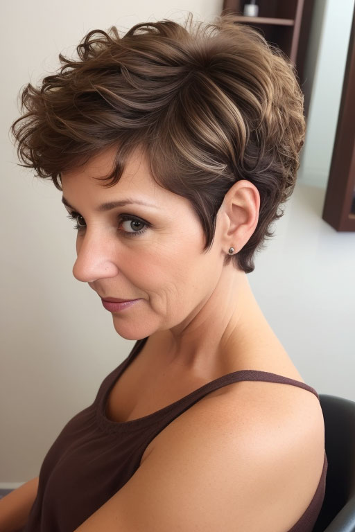 Curly Brunette Pixie, pixie hair cut for women over 50, pixie hair colour for women over 50