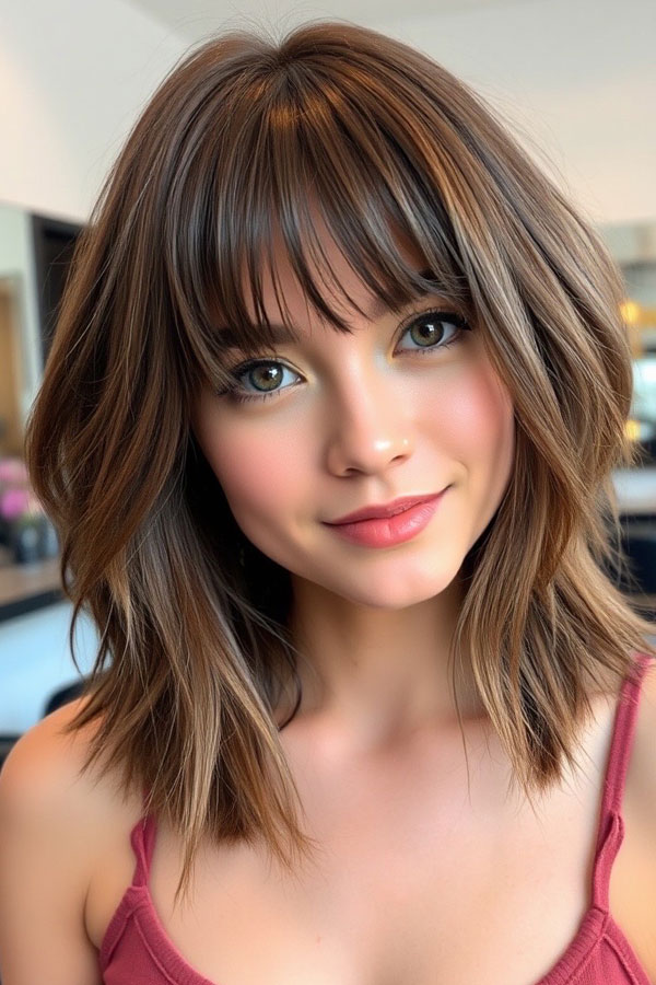 50 Chic Shoulder-Length Haircuts with Bangs : Dark Brown Textured Bob with Piecey Bangs