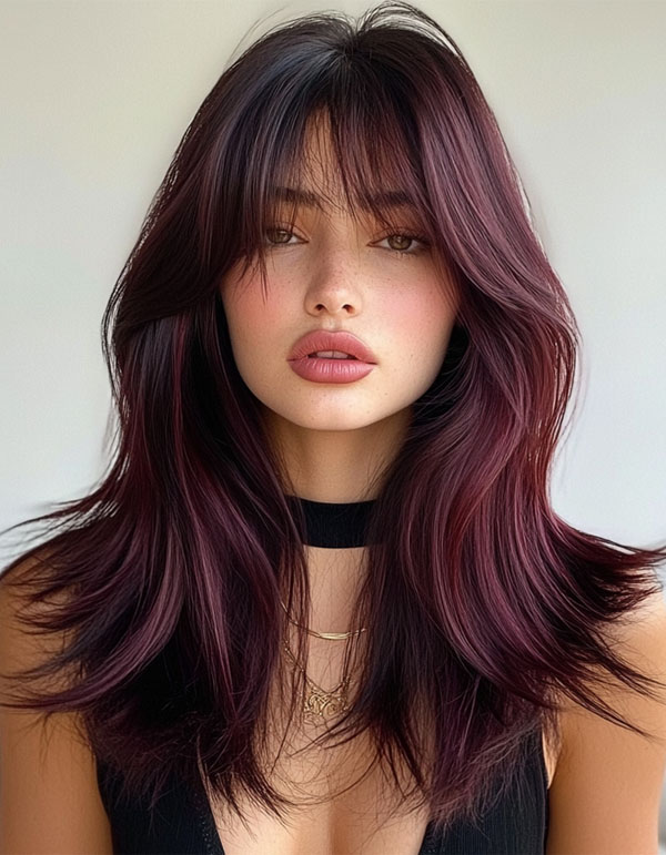 35 Effortless Rock Star Layered Haircuts : Deep Berry Glam Mid-Length Layers with Bangs