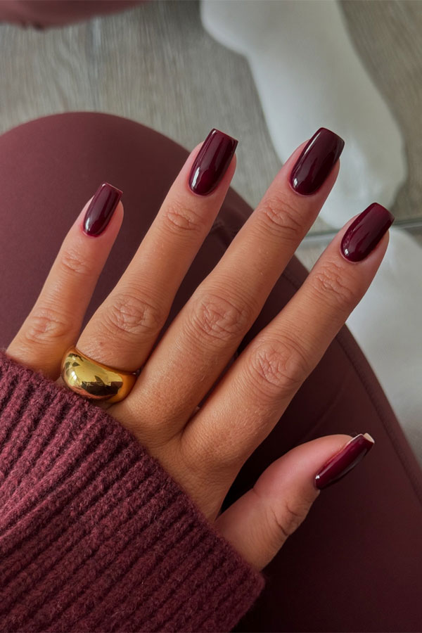 30 Cute Autumn Nail Designs to Fall For This Season : Deep Burgundy Glossy Nails