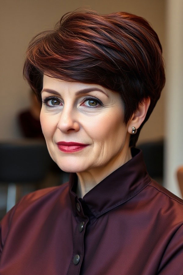 Deep Mahogany Pixie, pixie hair cut for women over 50, pixie hair colour for women over 50