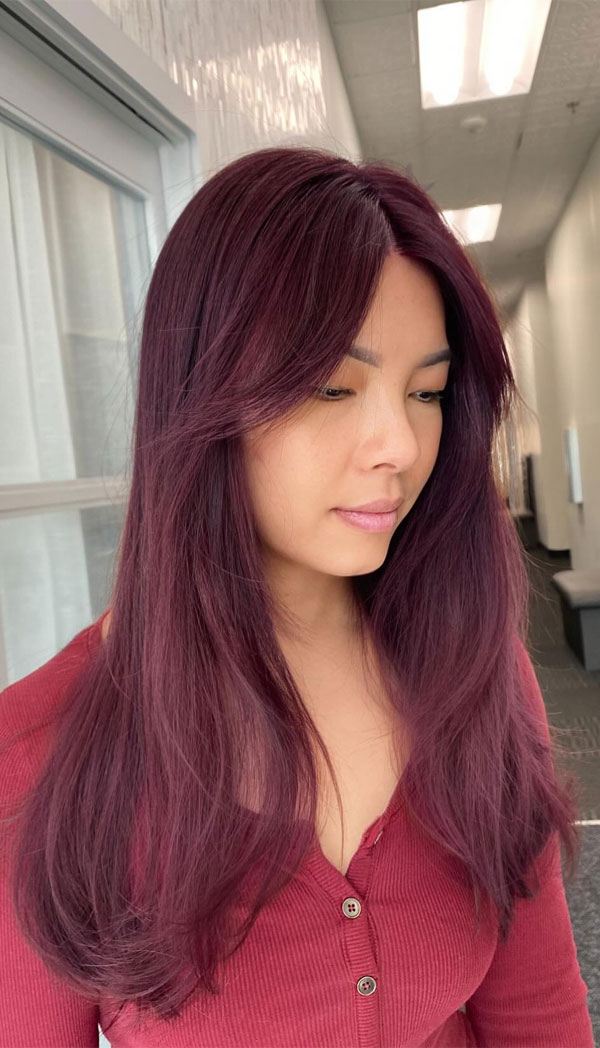 30 Radiant Red Hair Shades for Autumn : Deep Red Plum Long Hair with Curtain Bangs