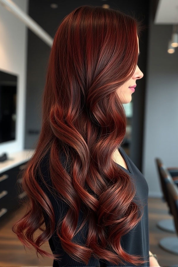 30 Radiant Red Hair Shades for Autumn : Deep Wine Red Long Hair Elegance