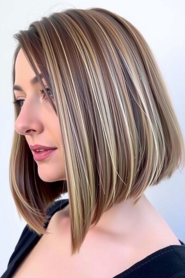 35 Angled Bob Haircuts For A Modern Look : Dimensional Angled Bob with Blonde Highlights