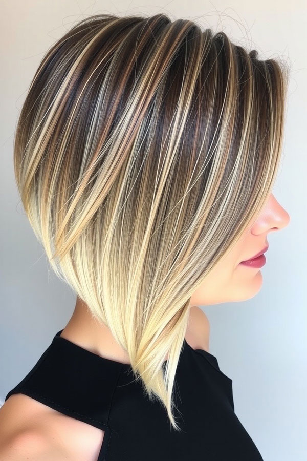 Dramatic Platinum Angled Bob with Dark Roots