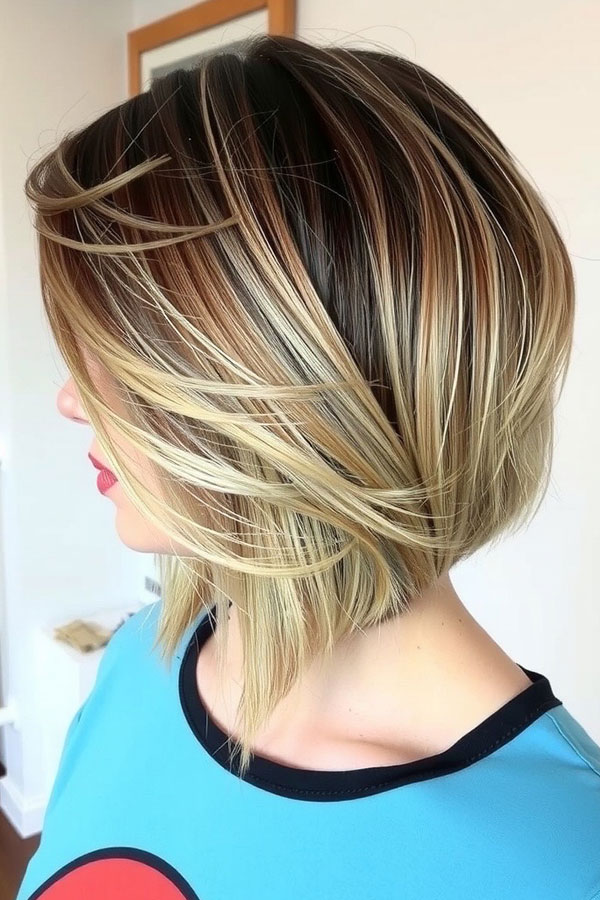 35 Angled Bob Haircuts For A Modern Look : Dynamic Angled Bob with Blonde and Brunette Contrast