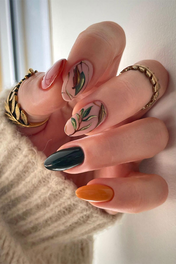 Earthy Botanical Beauty, fall nail designs, autumn nail designs