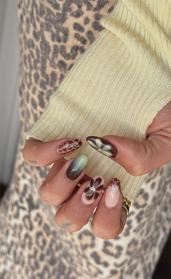 25 Stylish Autumn Nails To Make A Statement : Earthy Glam with Leopard Print & Metallic Shine