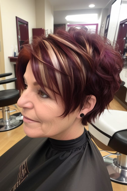 Edgy Burgundy and Blonde Pixie, pixie hair cut for women over 50, pixie hair colour for women over 50