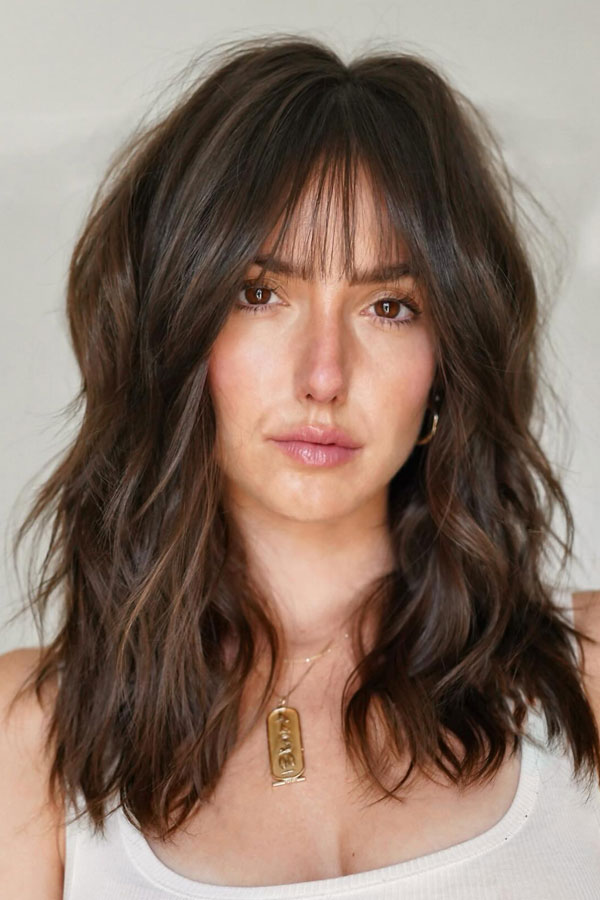 Effortless Soft Shag with Wispy Bangs, shoulder length haircut with fringe