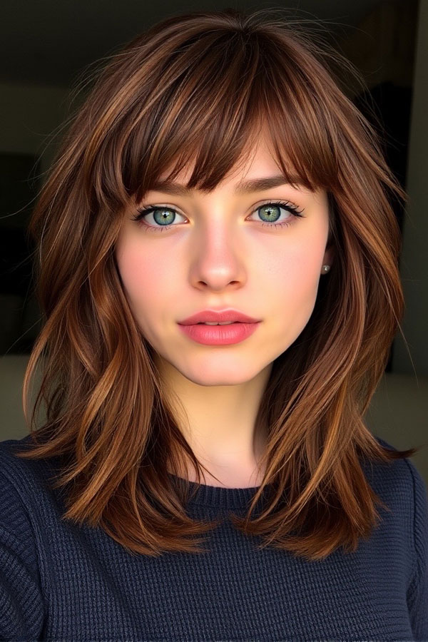 50 Chic Shoulder-Length Haircuts with Bangs : Cute Long Bob with Wispy Bangs