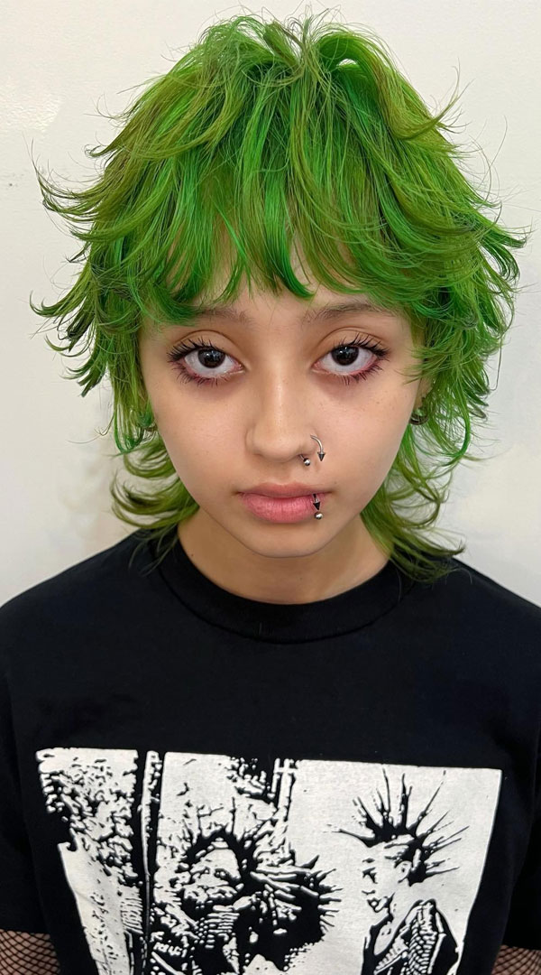 Electric Green Mullet Shag, shaggy haircut, short shaggy hairstyle, cute short shag hairstyle