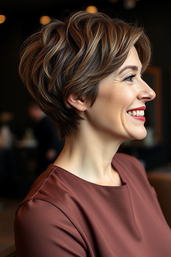 Elegant Espresso Pixie, pixie hair cut for women over 50, pixie hair colour for women over 50