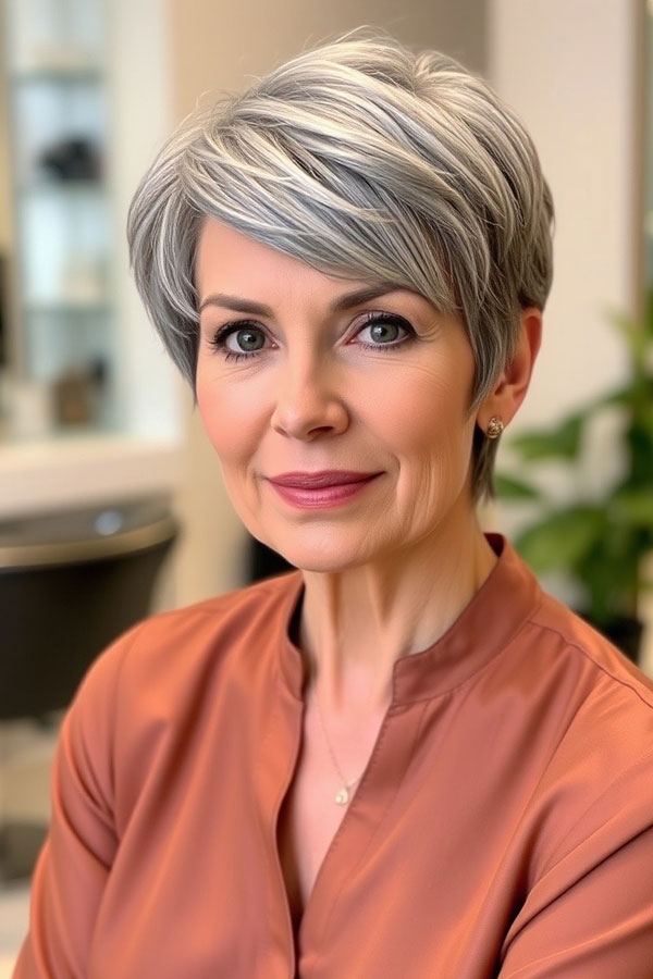 Elegant Silver Pixie Haircut, pixie hair cut for women over 50, pixie hair colour for women over 50