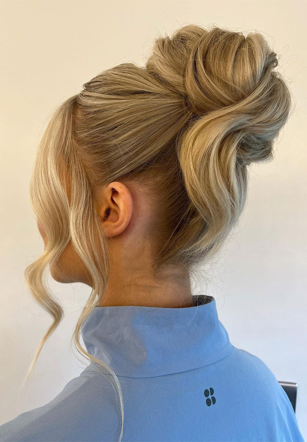 Elegant Twisted High Bun with Loose Curls, 90s inspired updo, updo hairstyles