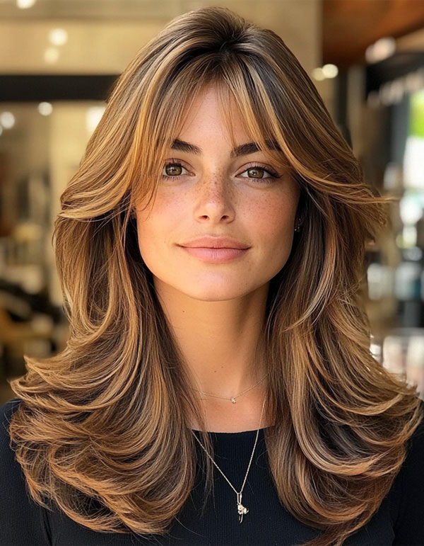 50 Layered Haircuts with Fringe For Long Hair Feathered Layers with Curtain Bangs