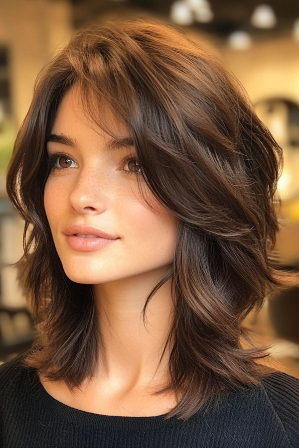 25 Medium-Length with Beautiful Hair Colours : Rich Brunette Feathered Layers