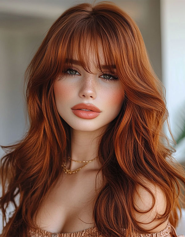 Fiery Auburn Waves with Soft Bangs, layered haircut with fringe for long hair