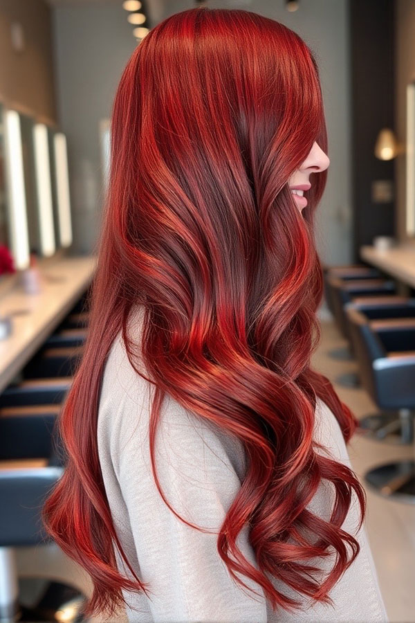 30 Radiant Red Hair Shades for Autumn : Fiery Autumn Red Long Curls