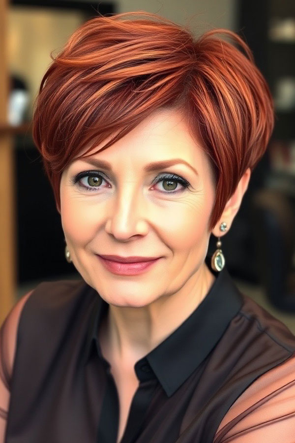 Fiery Copper Pixie, pixie hair cut for women over 50, pixie hair colour for women over 50