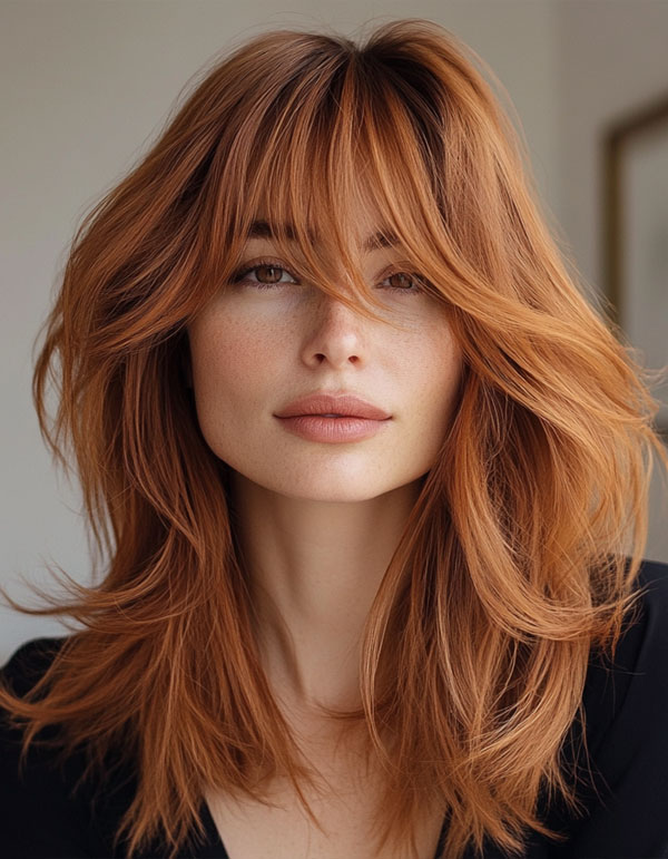 35 Effortless Rock Star Layered Haircuts : Fiery Copper Shag with Curtain Bangs