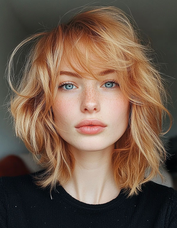 50 Chic Shoulder-Length Haircuts with Bangs : Fiery Copper-Peach Tousled Layered Bob