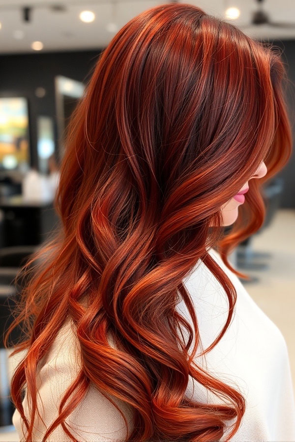 30 Radiant Red Hair Shades for Autumn : Fiery Red Auburn Long Waves