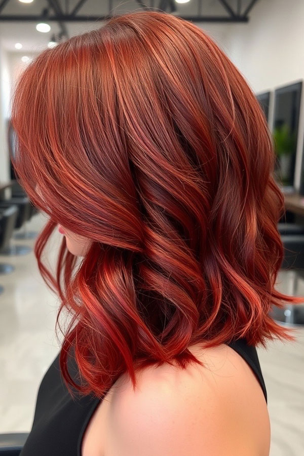 Fiery Red Autumn Wavy Lob, red hair colour, fall hair color, autumn hair colour