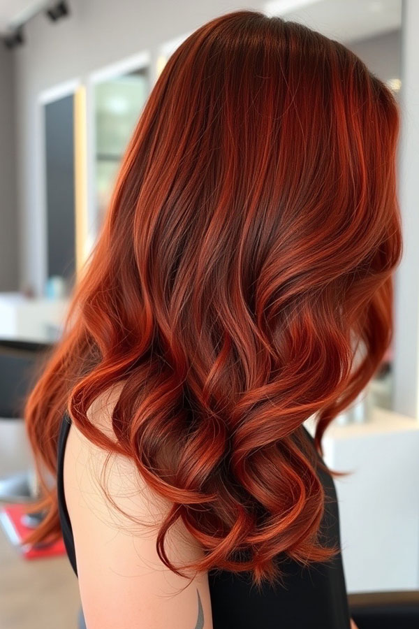 30 Radiant Red Hair Shades for Autumn : Fiery Red Copper Long Waves