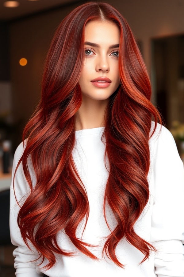 30 Radiant Red Hair Shades for Autumn : Fiery Red Long Waves