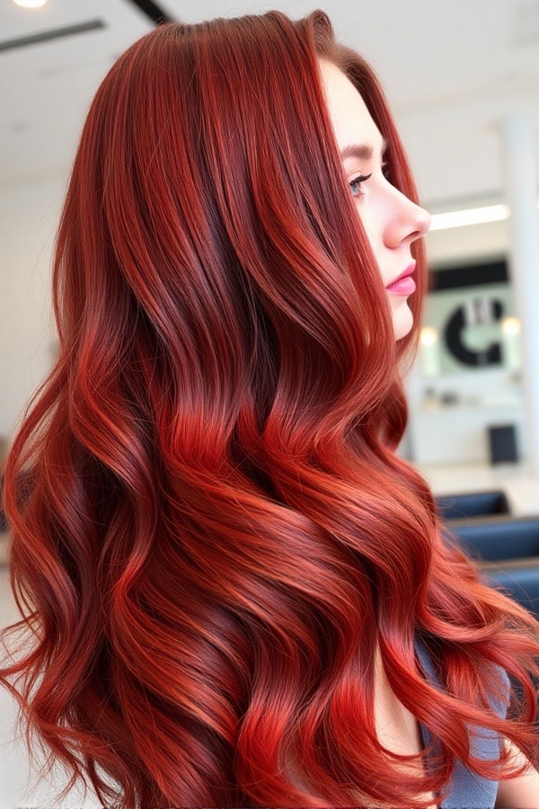 Fiery Scarlet Long Waves, red hair colour, fall hair color, autumn hair colour