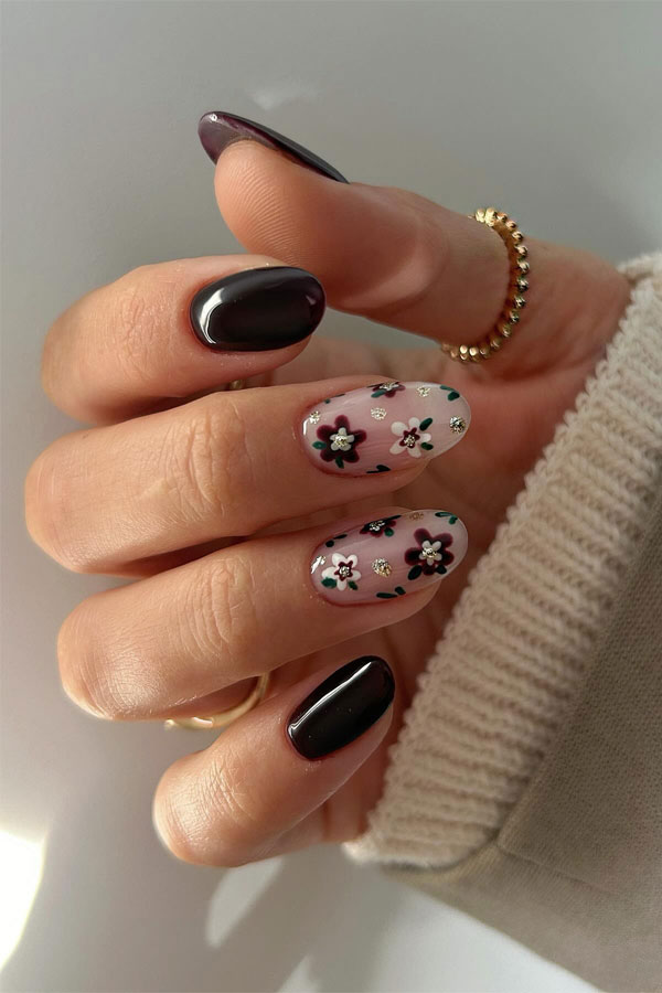 Floral Dream in Burgundy Nails, fall nail designs, autumn nail designs