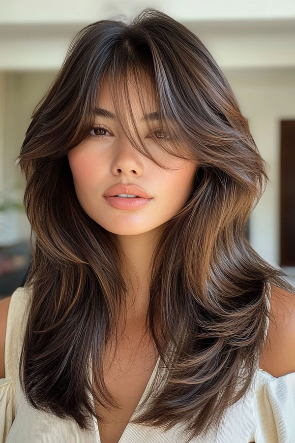 Flowing Layers with Wispy Curtain Bangs, layered haircut with fringe for long hair