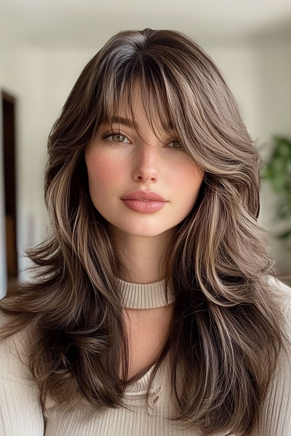 50 Layered Haircuts with Fringe For Long Hair : Glamour with Layered Volume