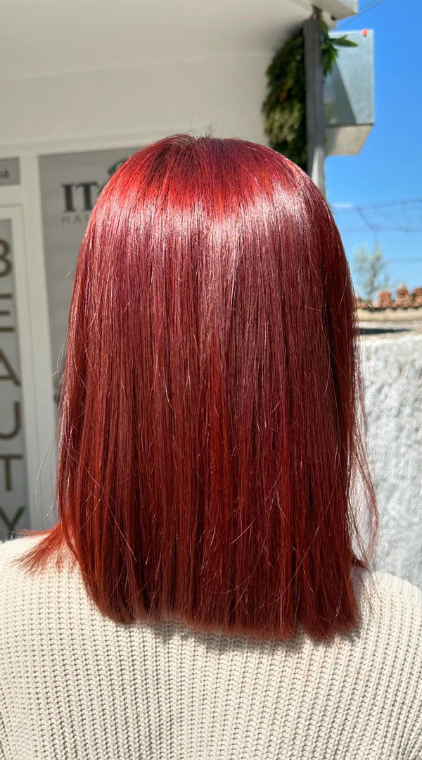 Glossy Cranberry Shine Sleek Long Bob, red hair shade, fall hair color, autumn hair colour