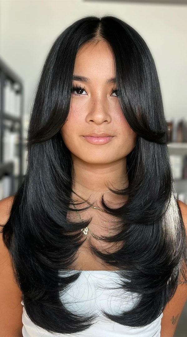 Glossy Layers with Curtain Bangs, Chic Long Layered Haircuts for Straight Hair, long layers, long layered haircuts