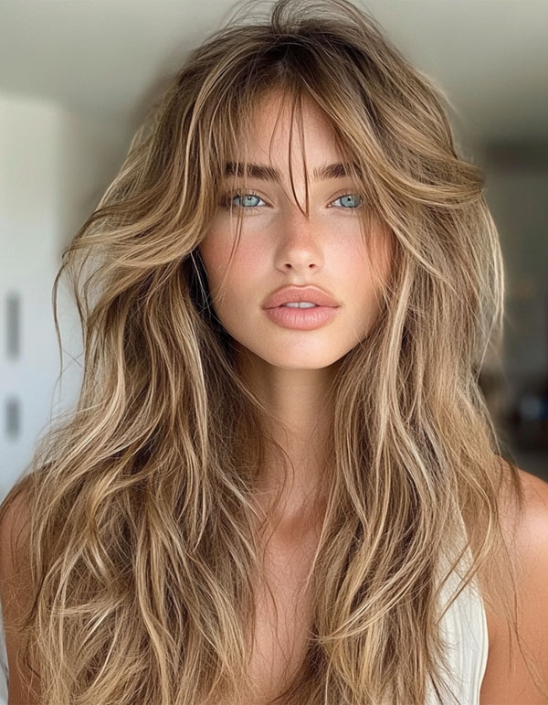 Golden Beach Tousled Texture, long layered haircut with curtain bangs