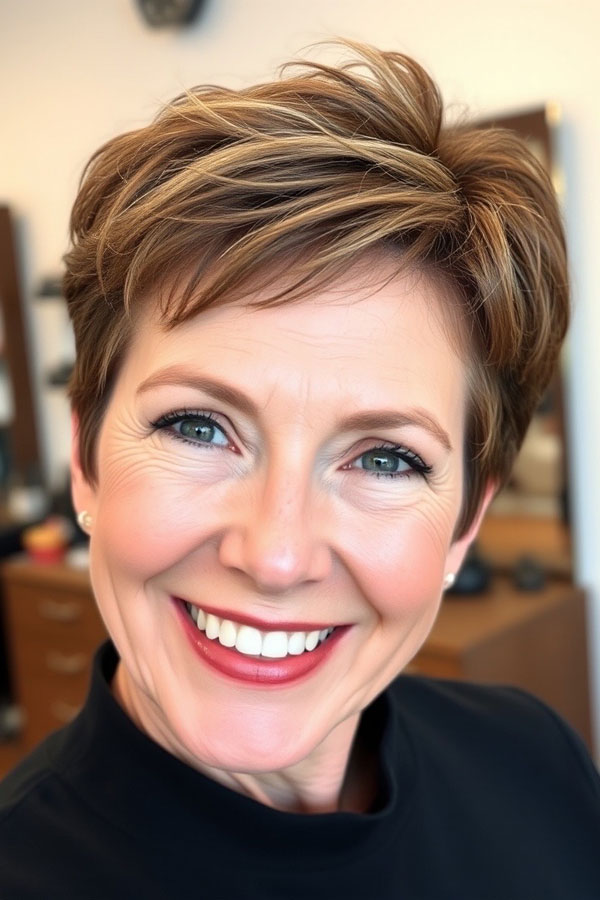 55 Pixie Colours for Women Over 50 : Golden Brown Pixie with Highlights