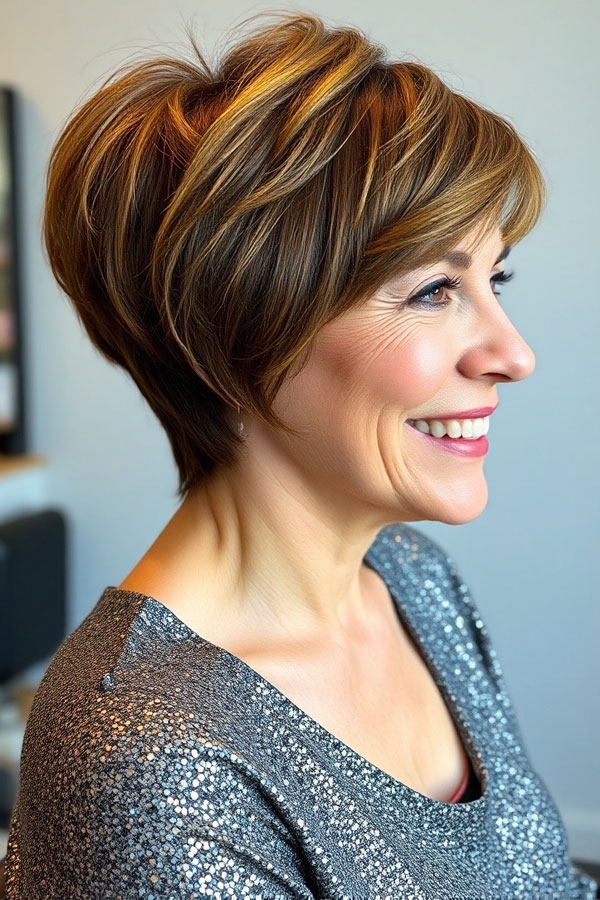 Golden Caramel Highlights, pixie hair cut for women over 50, pixie hair colour for women over 50