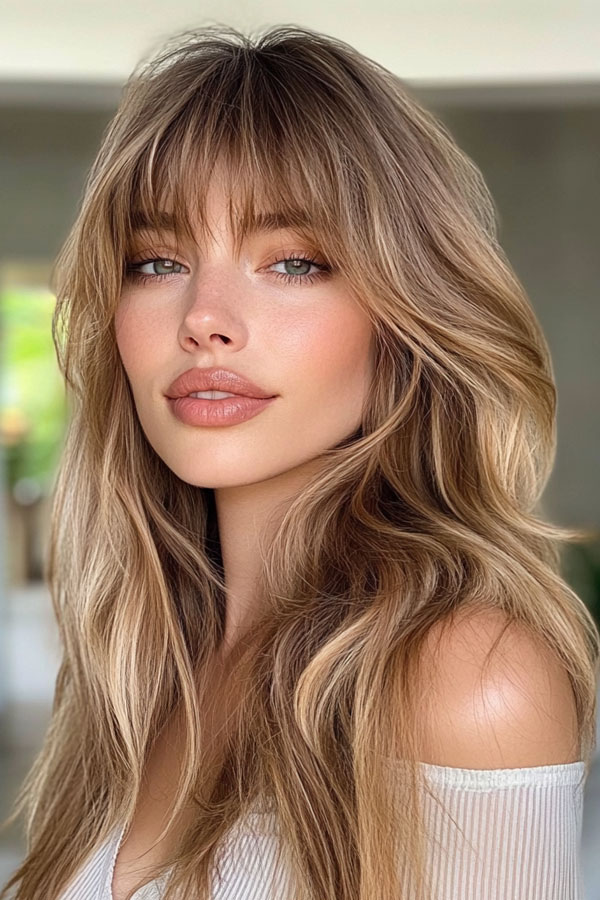 Golden Honey Layers with Fringe, long layered haircut with fringe